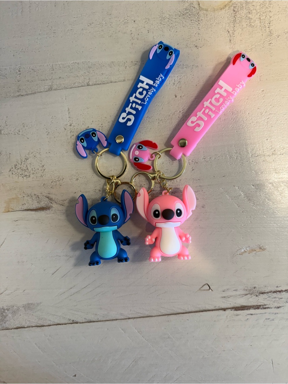 Cute Blue & Pink Stitch Keychain Pair | Matching Backpack Charm Set